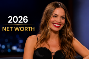 "Margot Bossus smiling outdoors in a stylish black outfit, highlighting her television career and biography for a 2026 net worth feature."